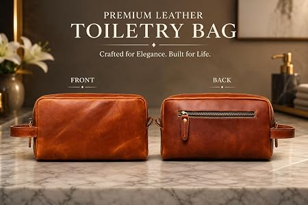 Tan Brown Genuine Leather Unisex Dopp Kit Bag