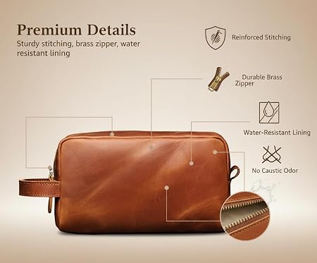 Tan Brown Genuine Leather Unisex Dopp Kit Bag