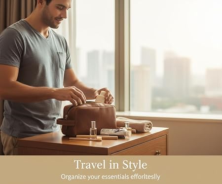 Tan Brown Genuine Leather Unisex Dopp Kit Bag
