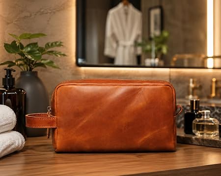 Tan Brown Genuine Leather Unisex Dopp Kit Bag