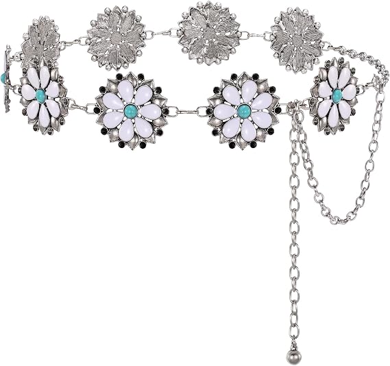 Turquoise Gem Boho Concho Belt - Gold Silver Chain