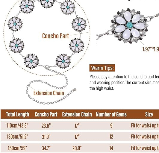 Turquoise Gem Boho Concho Belt - Gold Silver Chain