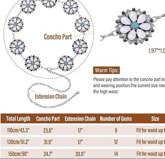 Turquoise Gem Concho Chain Belt - Rhinestone Boho Style