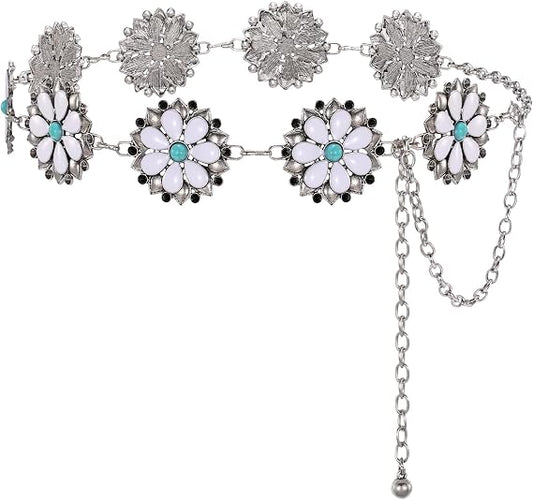 Turquoise Gem Concho Chain Belt - Rhinestone Boho Style