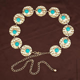 Turquoise Stone Punk Concho Belt - Retro Gold Waist Chain