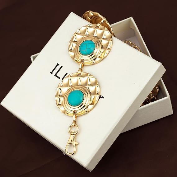 Turquoise Stone Punk Concho Belt - Retro Gold Waist Chain