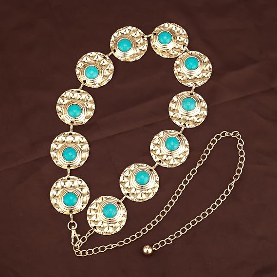 Turquoise Stone Punk Concho Belt - Retro Gold Waist Chain
