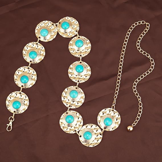 Turquoise Stone Punk Concho Belt - Retro Gold Waist Chain
