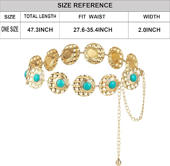 Turquoise Stone Punk Concho Belt - Retro Gold Waist Chain