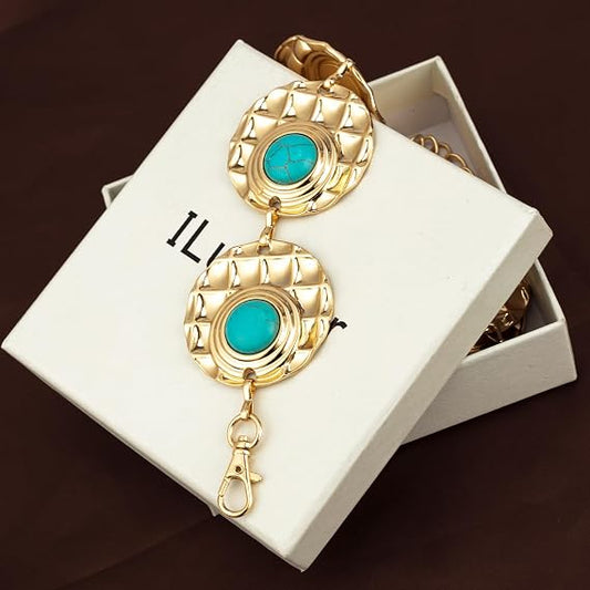Turquoise Stone Punk Concho Belt - Retro Gold Waist Chain