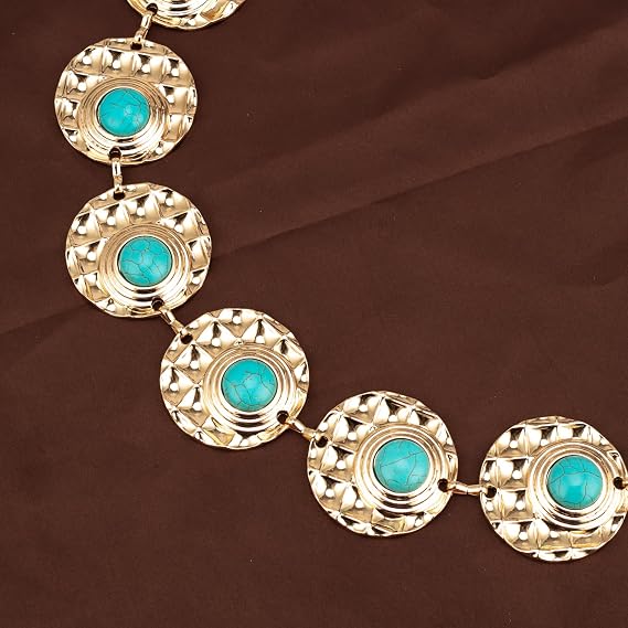 Turquoise Stone Punk Concho Belt - Retro Gold Waist Chain
