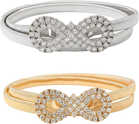 Rhinestone Infinity Buckle Belt Set - Silver & Gold, 2-Piece