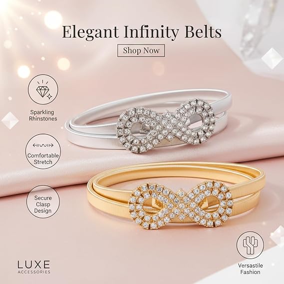 Rhinestone Infinity Buckle Belt Set - Silver & Gold, 2-Piece