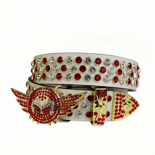 Unisex Angel Wings Rhinestone Belt – Red Crystal Buckle, White Strap