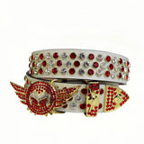 Unisex Angel Wings Rhinestone Belt – Red Crystal Buckle, White Strap