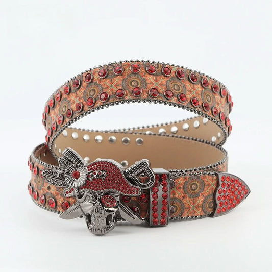 Unisex Crystal Rhinestone Belt: Red Hat Pirate Skull & Orange Glitter