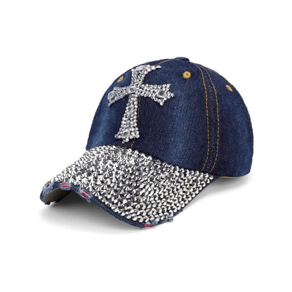 Unisex Denim Baseball Cap with Rhinestone Cross – Stylish Adjustable Sparkle