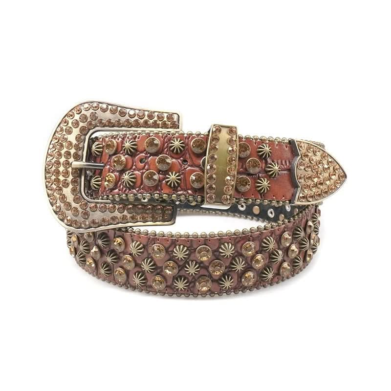 Unisex Gold Rhinestone Starburst Crystal Stud Belt - Brown Glitter Strap