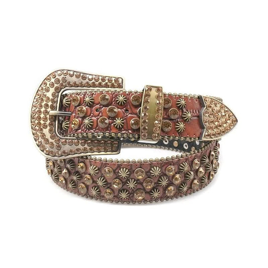 Unisex Gold Rhinestone Starburst Crystal Stud Belt - Brown Glitter Strap
