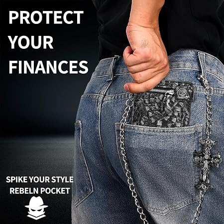 Unisex Gothic Skull Zip-Around Chain Wallet