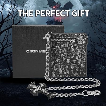Unisex Gothic Skull Zip-Around Chain Wallet