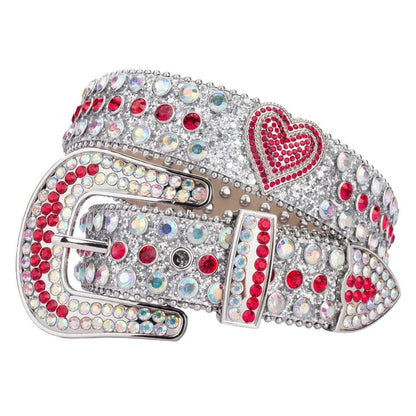 Unisex Red Crystal Heart Rhinestone & Silver Glitter Statement Belt