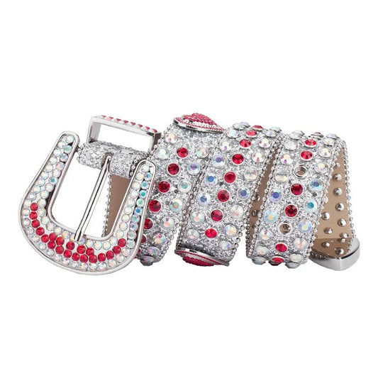Unisex Red Crystal Heart Rhinestone & Silver Glitter Statement Belt