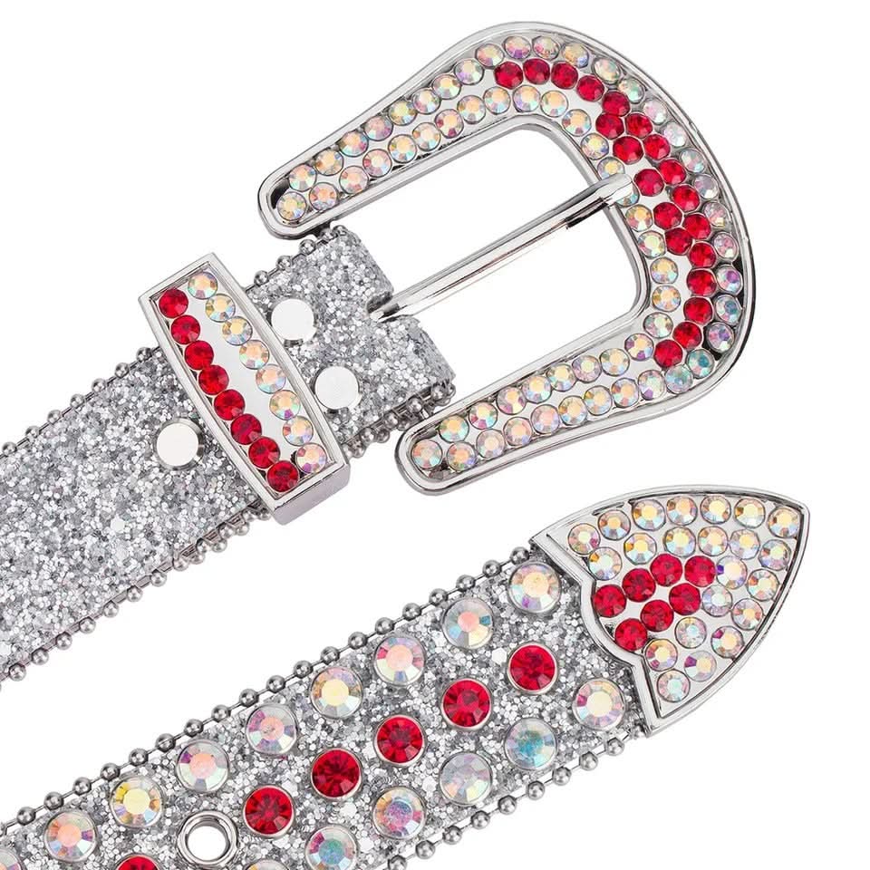Unisex Red Crystal Heart Rhinestone & Silver Glitter Statement Belt