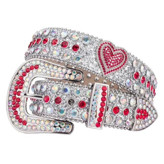 Unisex Red Crystal Heart Rhinestone & Silver Glitter Statement Belt