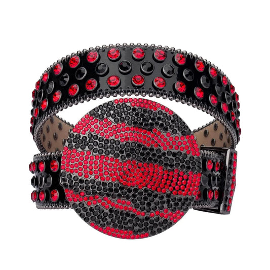 Unisex Red & Black Rhinestone Globe Buckle Glitter Belt