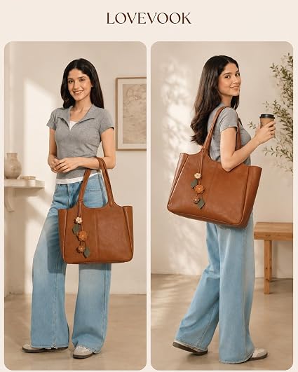 Vegan Leather Work Tote Bag with Built-In Cup Holder