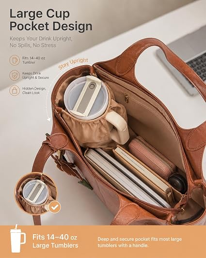 Vegan Leather Work Tote Bag with Built-In Cup Holder