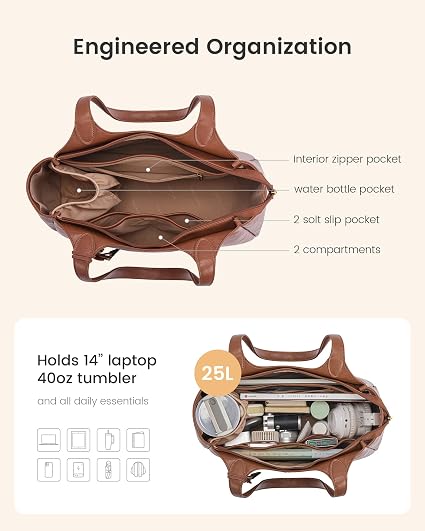 Vegan Leather Work Tote Bag with Built-In Cup Holder