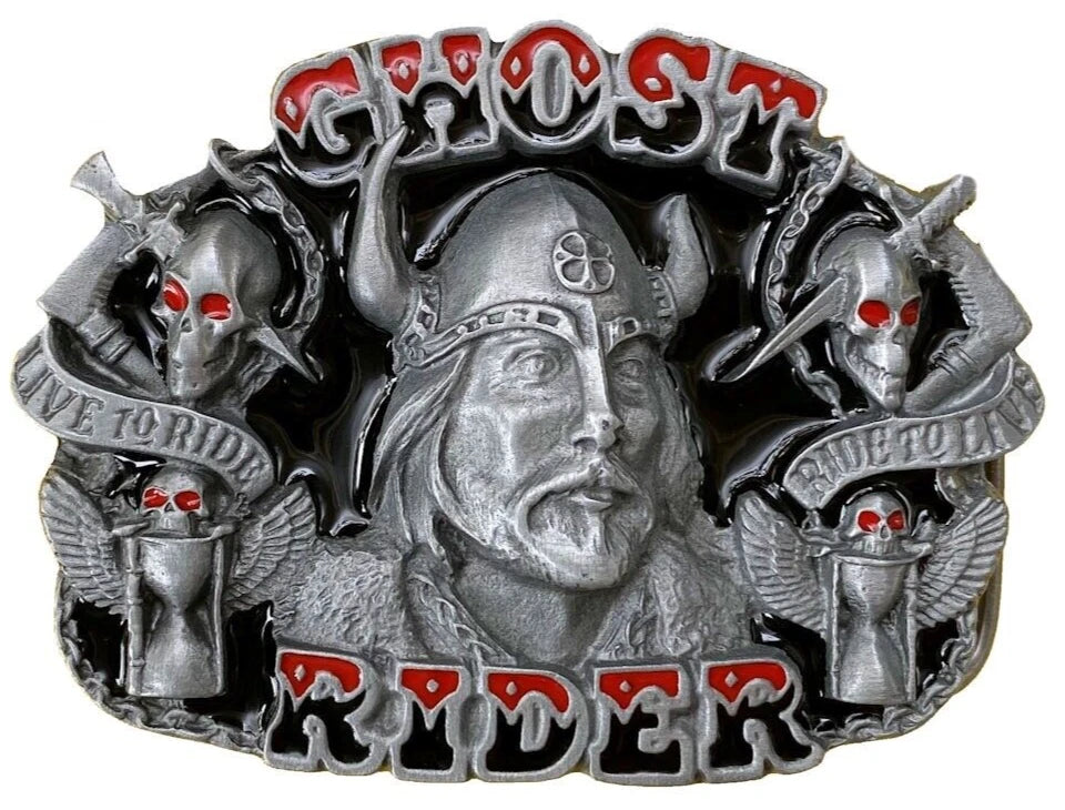 Viking Ghost Rider Skull & Dragon Biker Belt Buckle - Pewter Finish