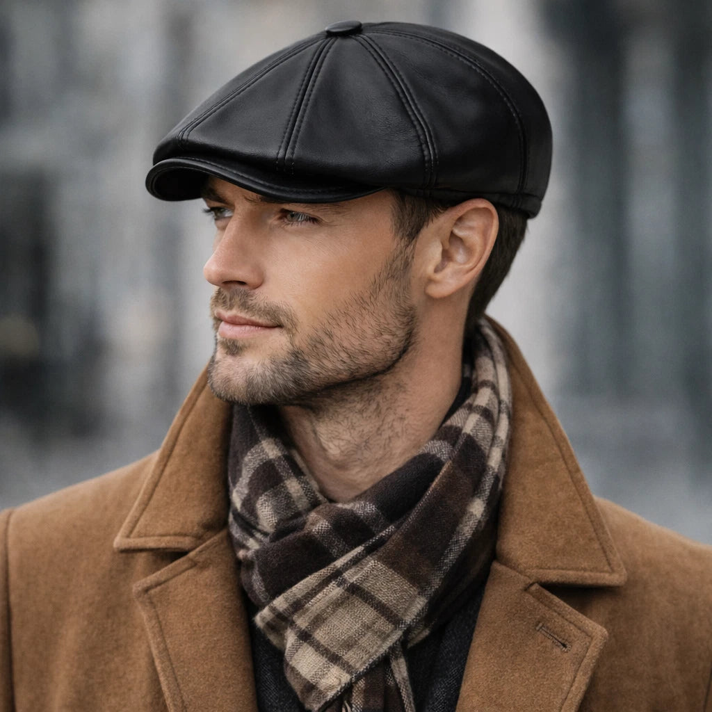 Vintage Black Leather Cabbie Cap with Ear Flaps