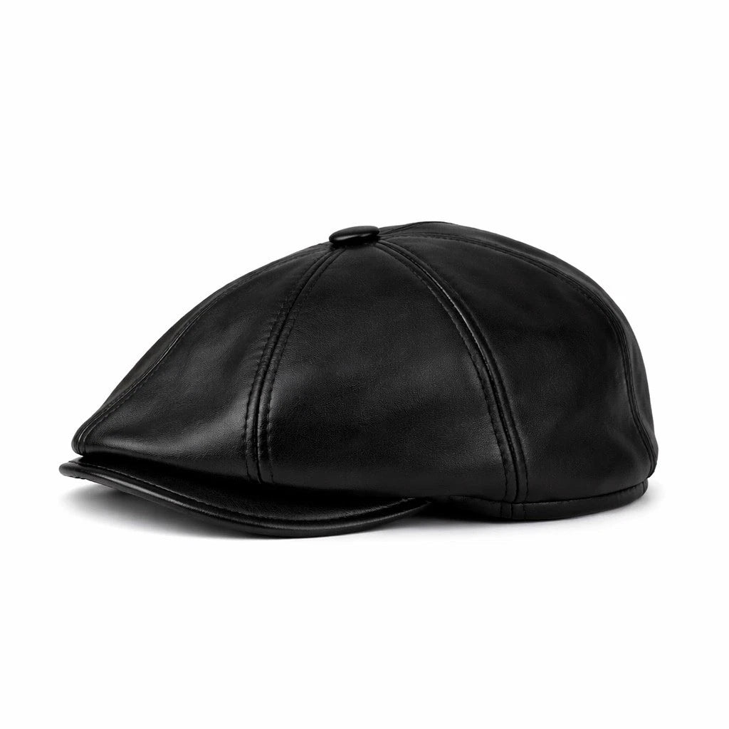 Vintage Black Leather Cabbie Cap with Ear Flaps