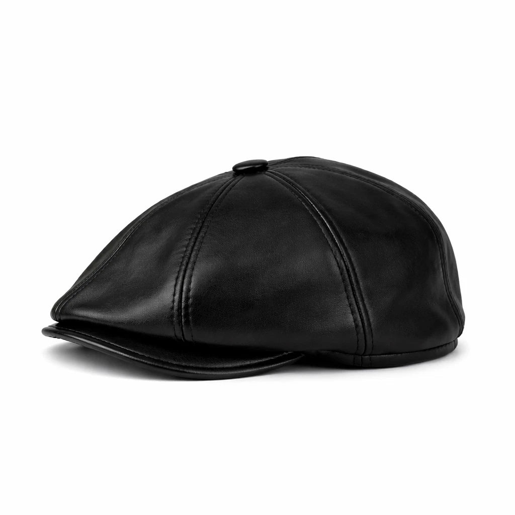 Vintage Black Leather Cabbie Cap with Ear Flaps