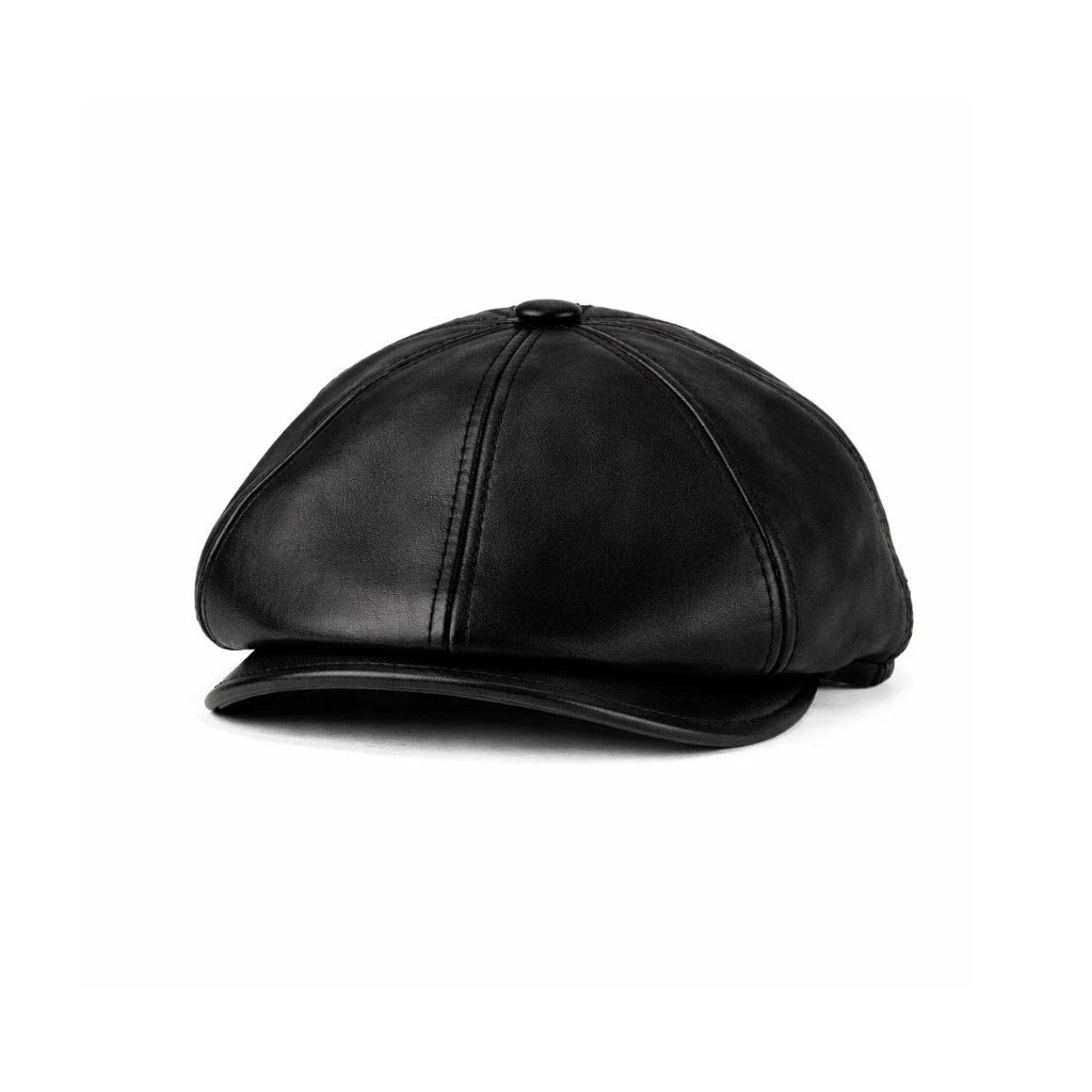 Vintage Black Leather Cabbie Cap with Ear Flaps