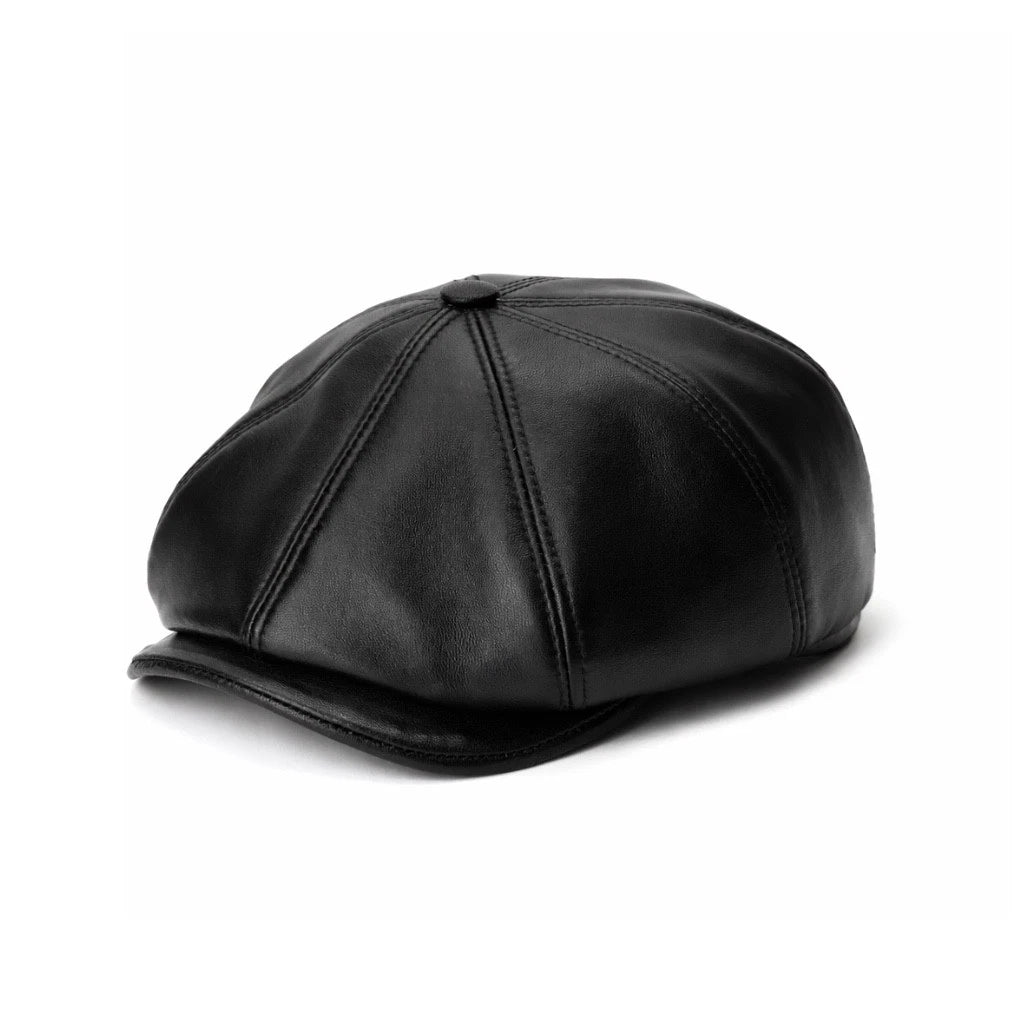 Vintage Black Leather Cabbie Cap with Ear Flaps