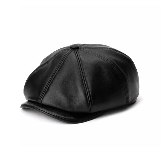 Vintage Black Leather Cabbie Cap with Ear Flaps