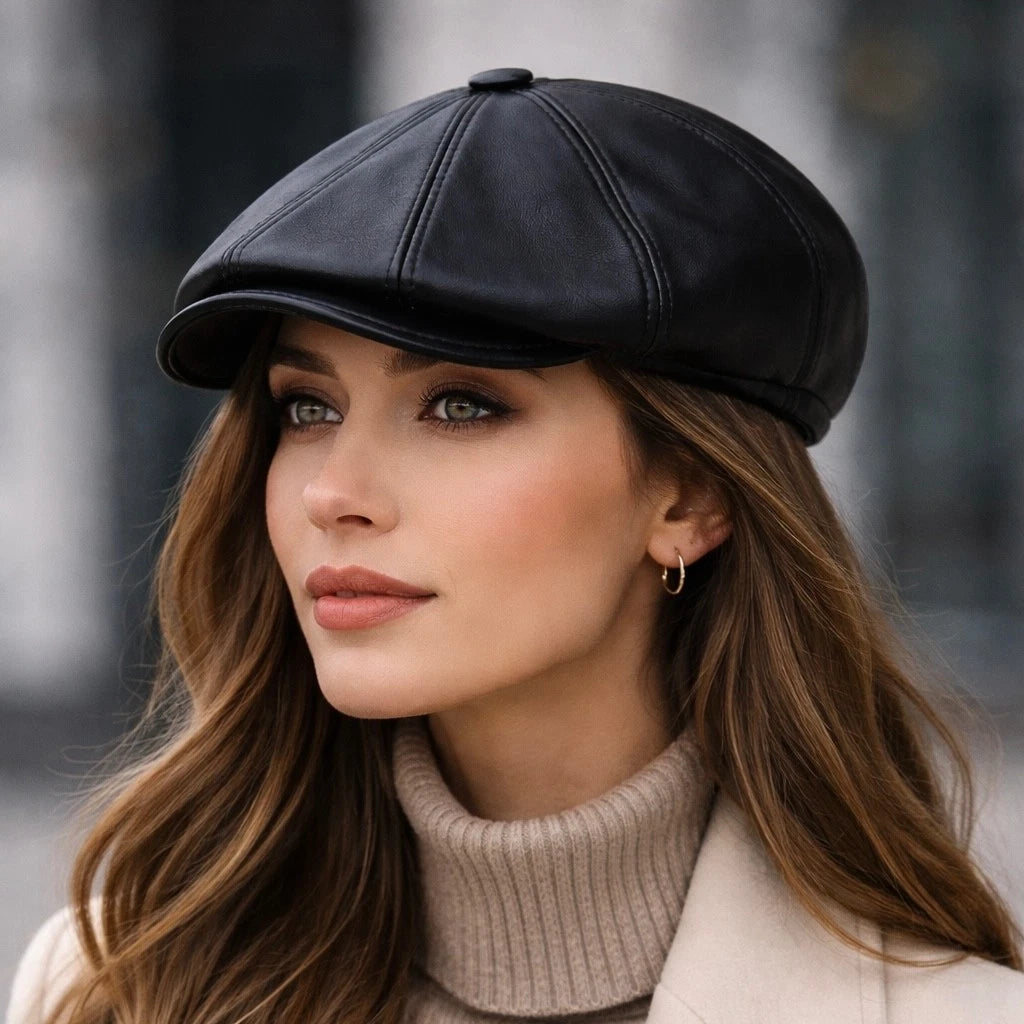 Vintage Black Leather Cabbie Cap with Ear Flaps