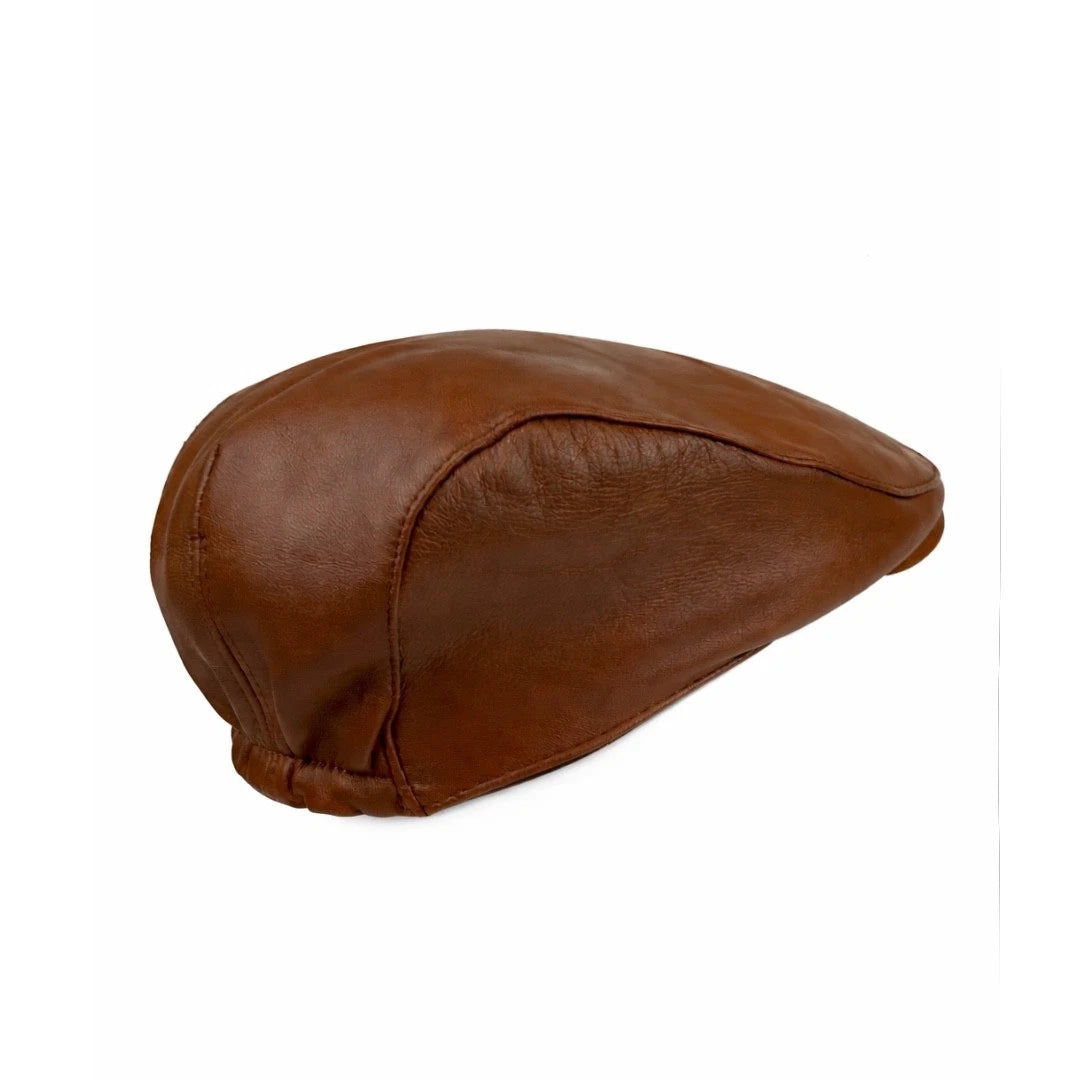 Vintage Cognac Brown Leather Newsboy Cap with Ear Flaps