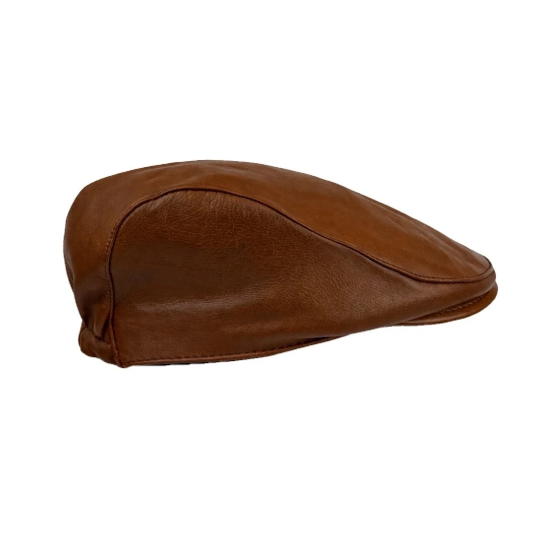 Vintage Cognac Brown Leather Newsboy Cap with Ear Flaps
