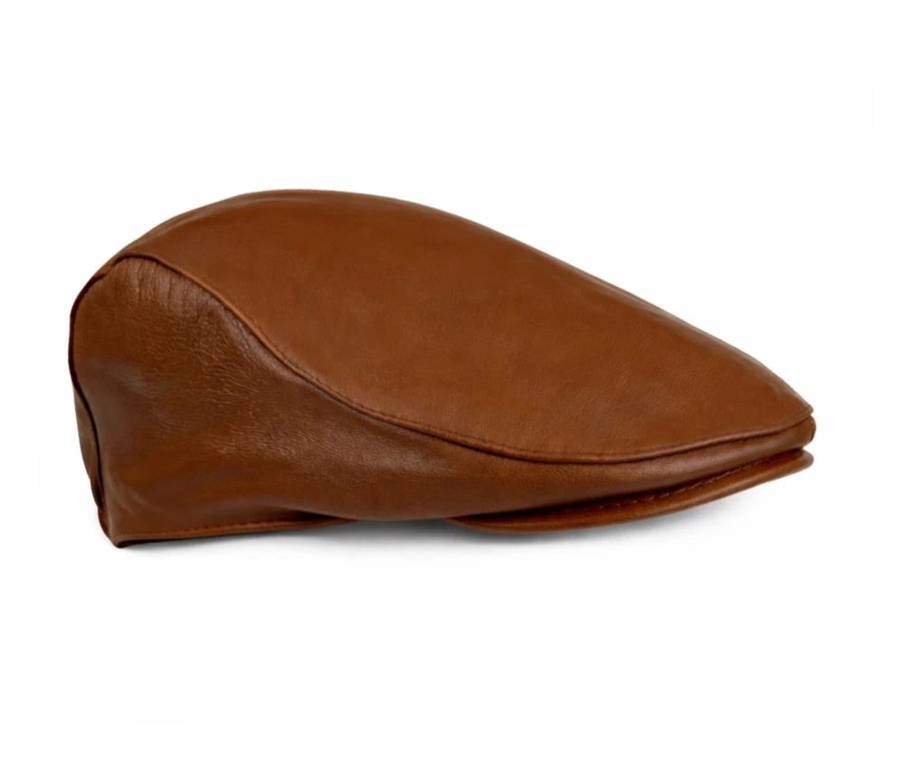Vintage Cognac Brown Leather Newsboy Cap with Ear Flaps