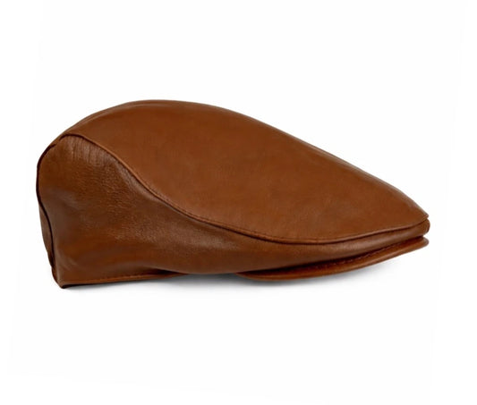 Vintage Cognac Brown Leather Newsboy Cap with Ear Flaps
