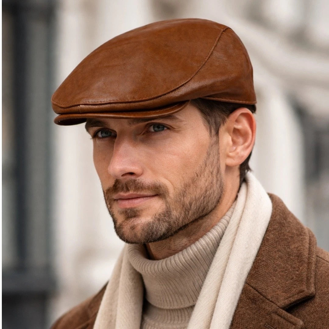 Vintage Cognac Brown Leather Newsboy Cap with Ear Flaps
