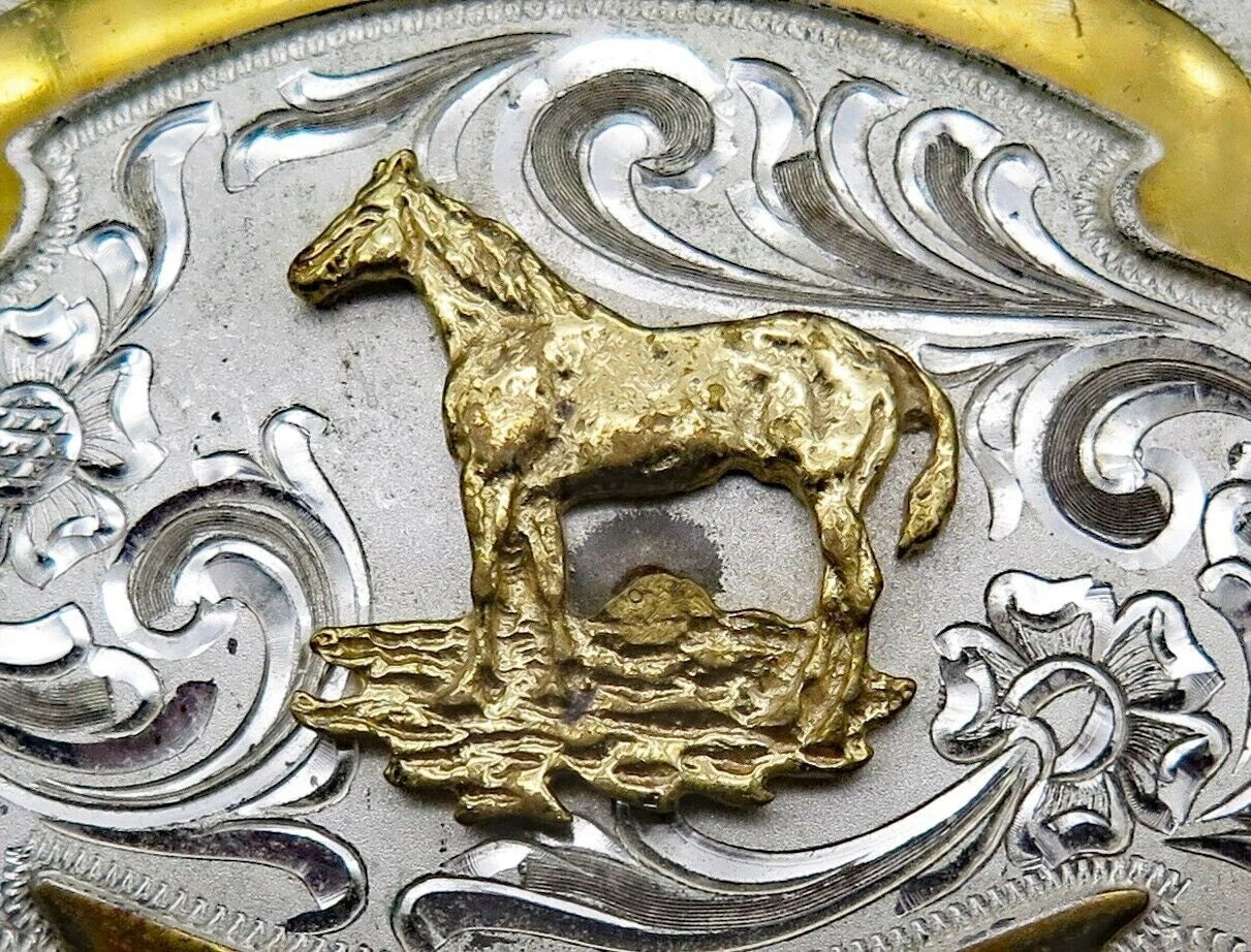 Vintage Horse Filigree Western Buckle - Plated Metal