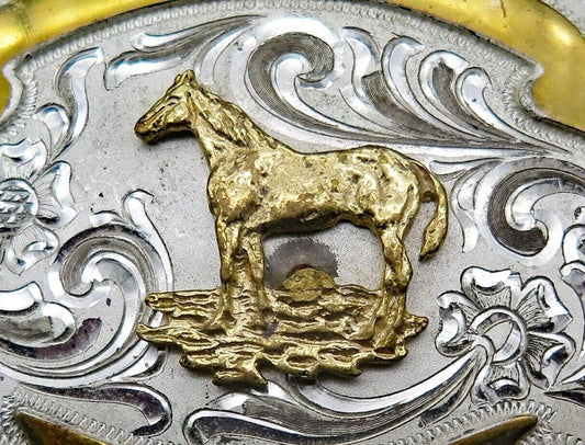 Vintage Horse Filigree Western Buckle - Plated Metal