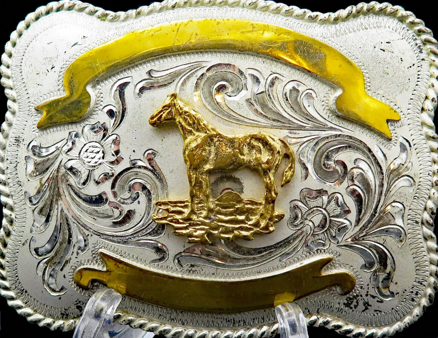 Vintage Horse Filigree Western Buckle - Plated Metal