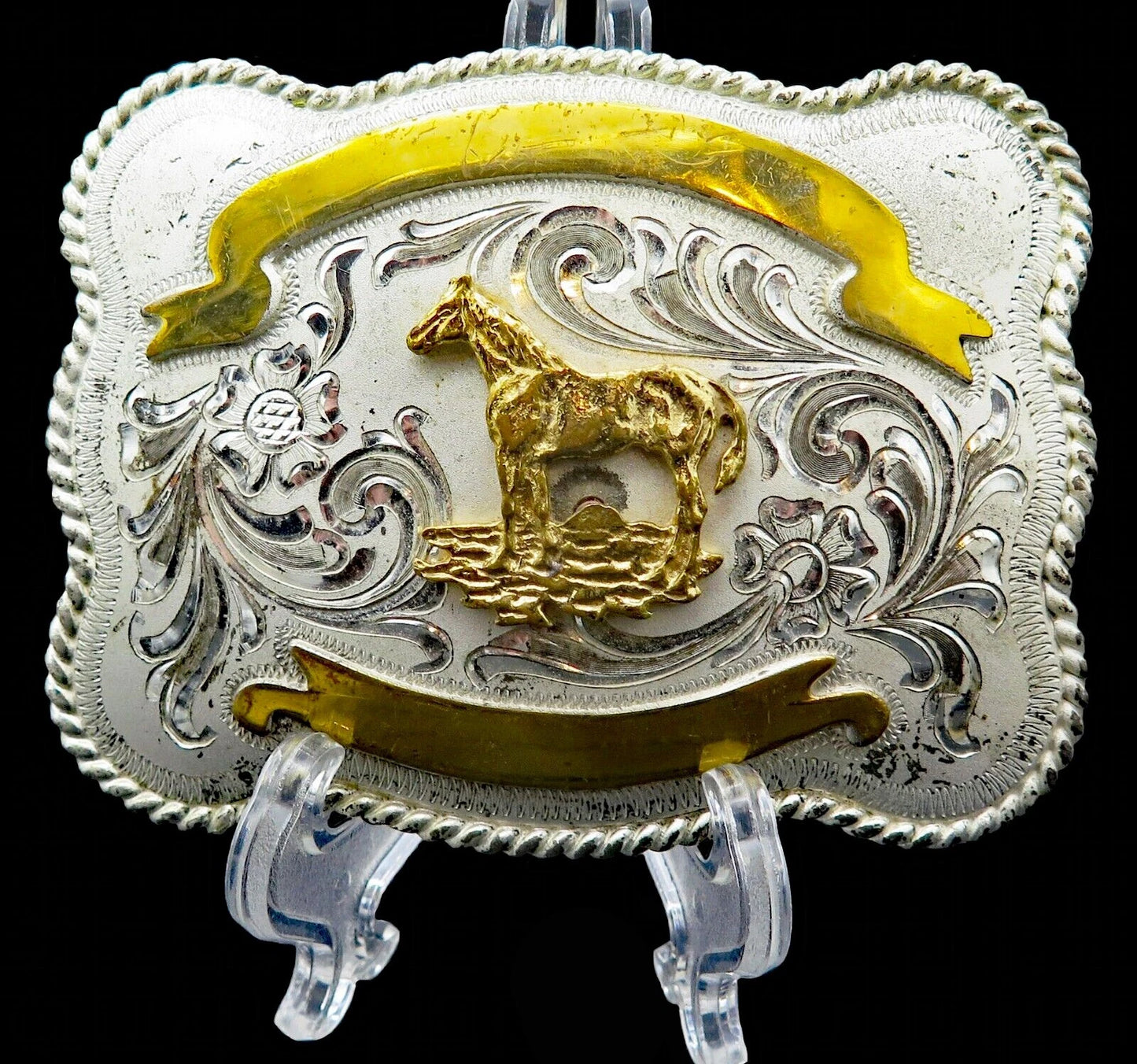 Vintage Horse Filigree Western Buckle - Plated Metal